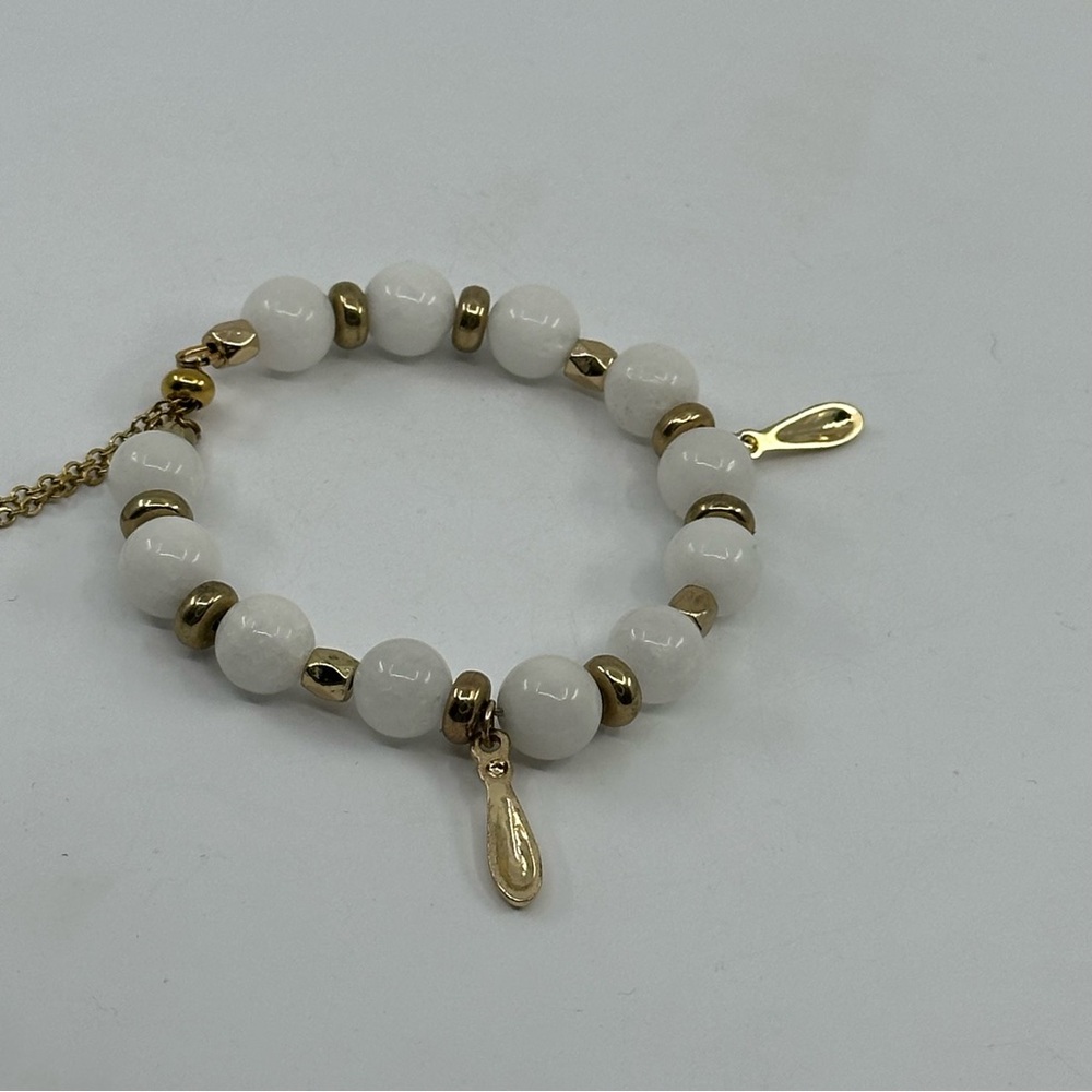 #341 New Handmade White Jade Adjustable Bracelet with Golden-tone Findings